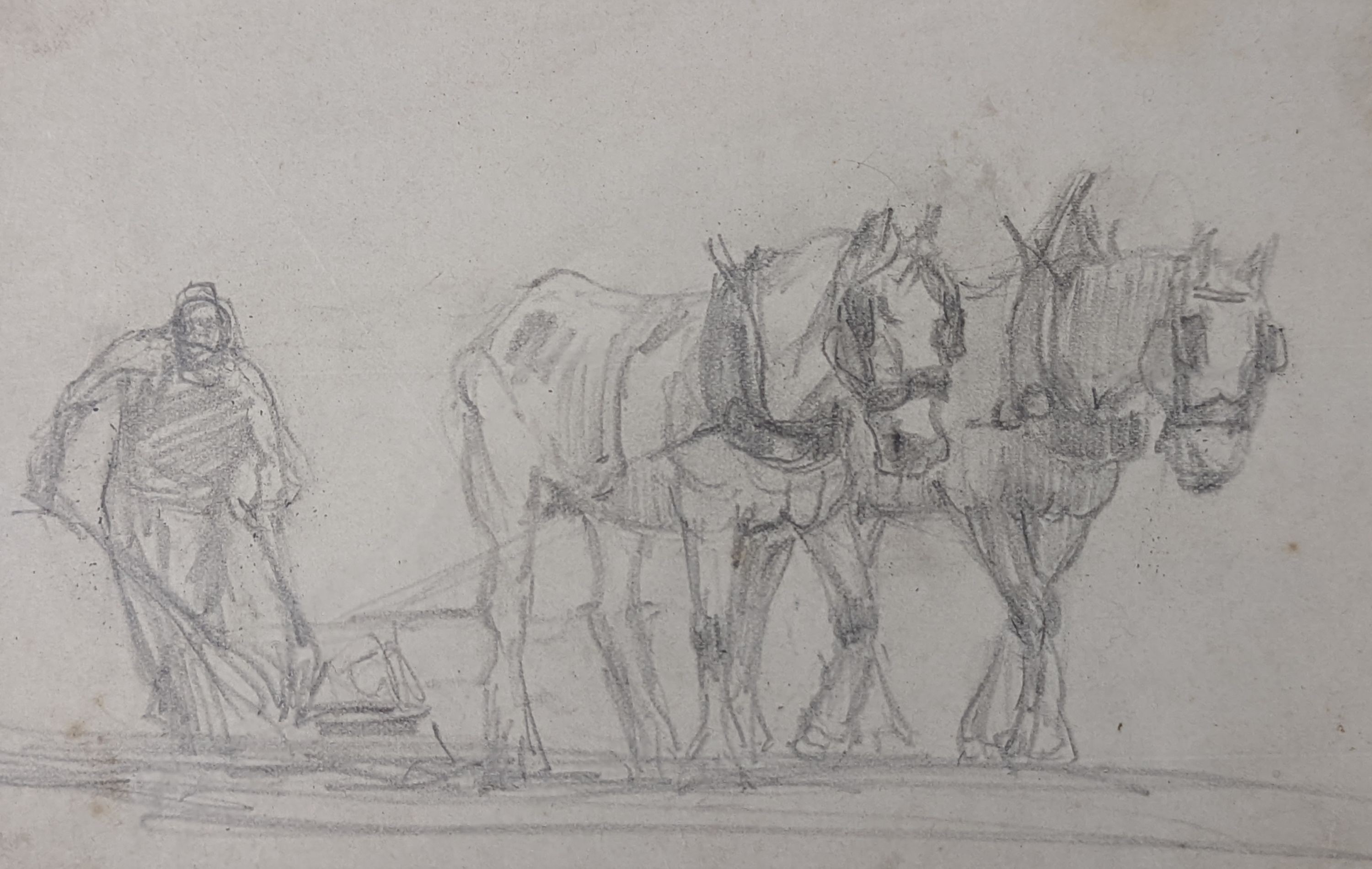Attributed to Harold Swanwick (1866-1929), pencil drawing, Ploughman and horses, 11 x 17cm